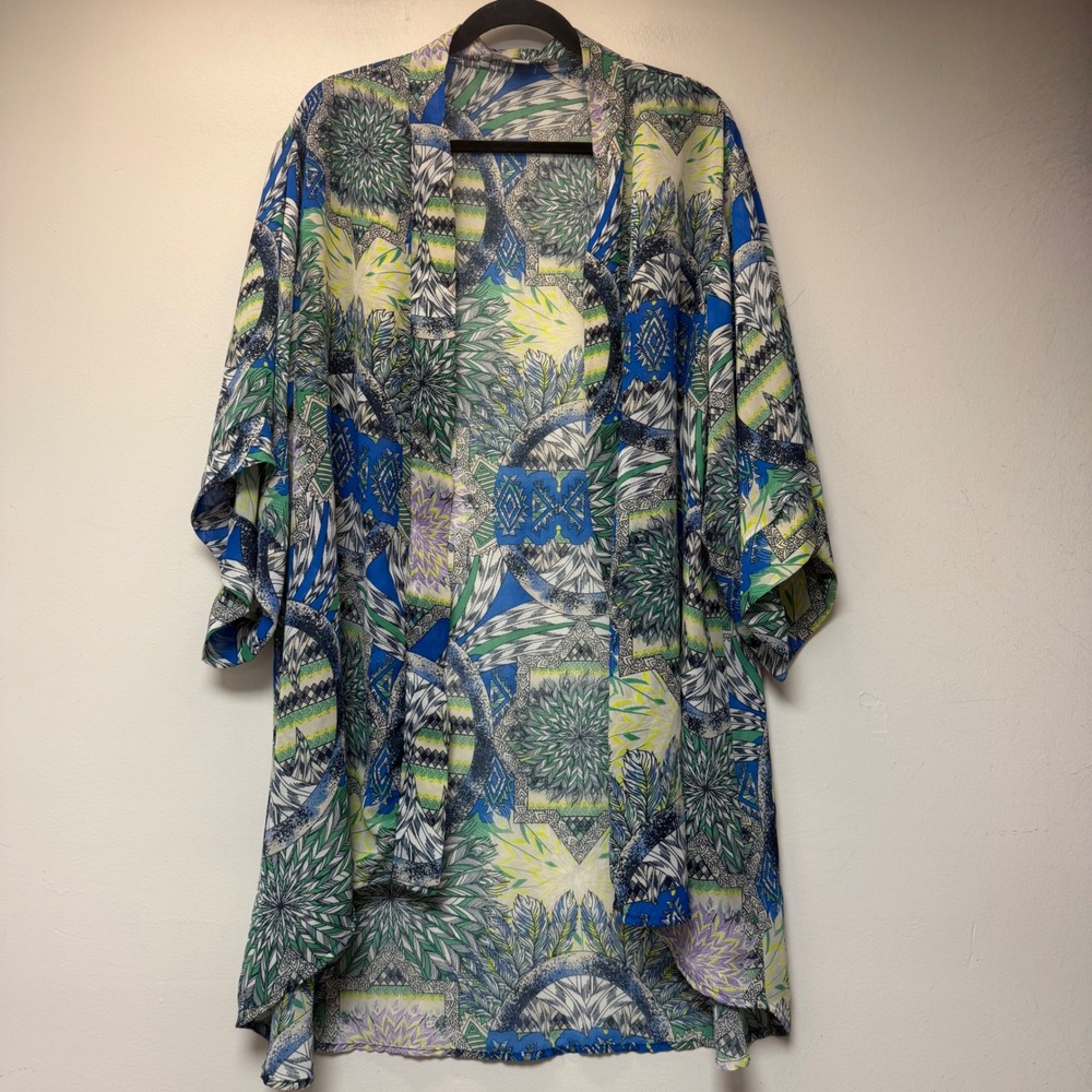 Valerie Stevens Kimono Womens‎ Large Blue Green Excellent Geometric Open Front